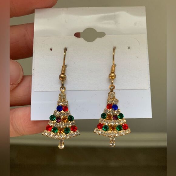 VTG Christmas Tree Earrings Dangly Earrings Sparkly Multi Color Gem Stones S - Picture 2 of 8